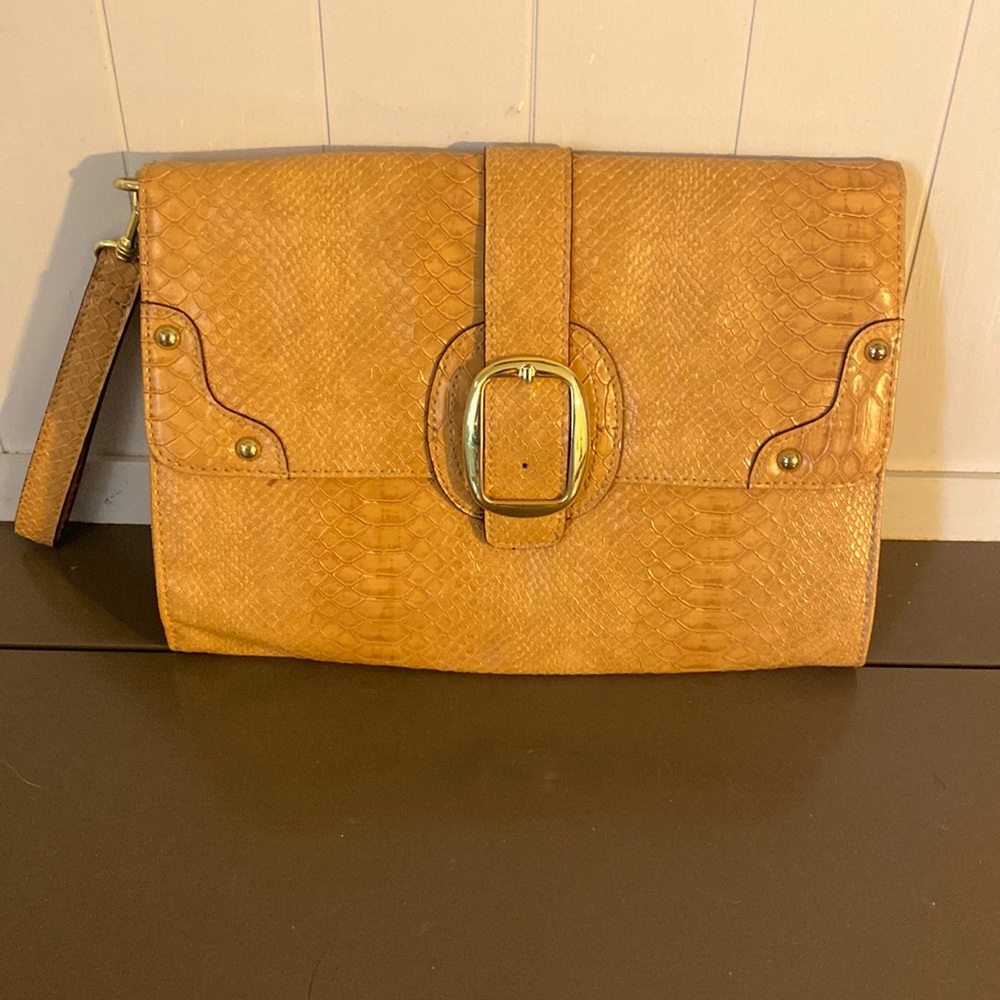 Yellow snake skin clutch 11 in long 8 in deep